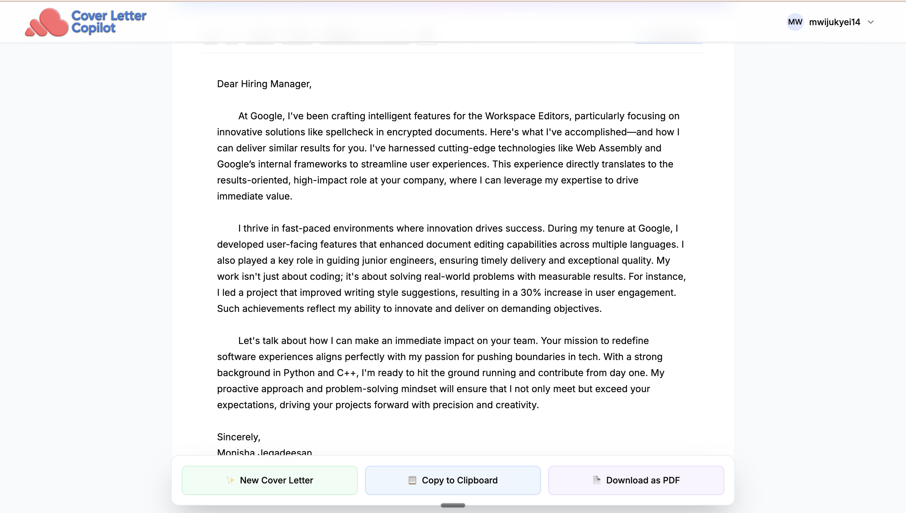 Cover Letter Copilot Result